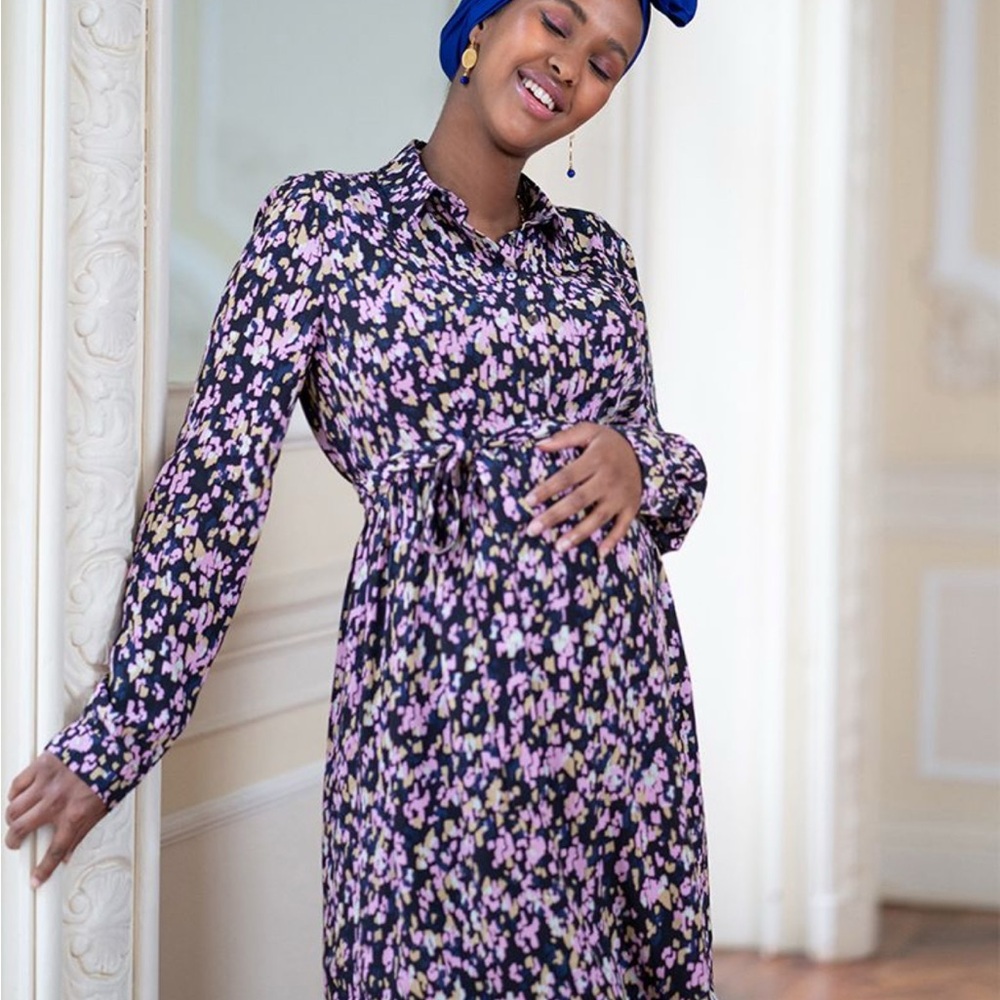 Seraphine Black and Pink Floral Long Sleeve Maternity and Nursing Dress